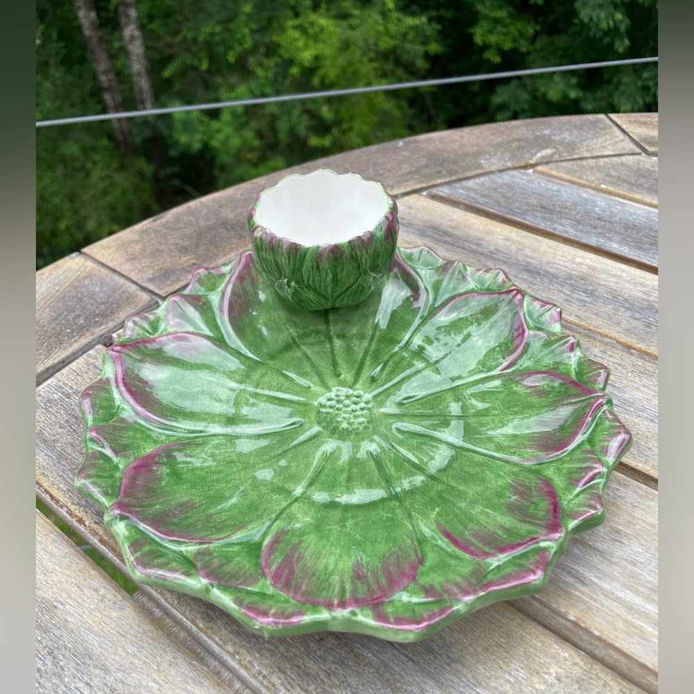 Vintage Sur La Table Green Majolica Artichoke Plate Attached Dip Dish 8” Italy